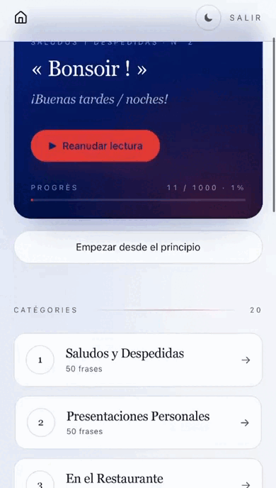 Vista previa de la plataforma 1000 Frases en Francés
